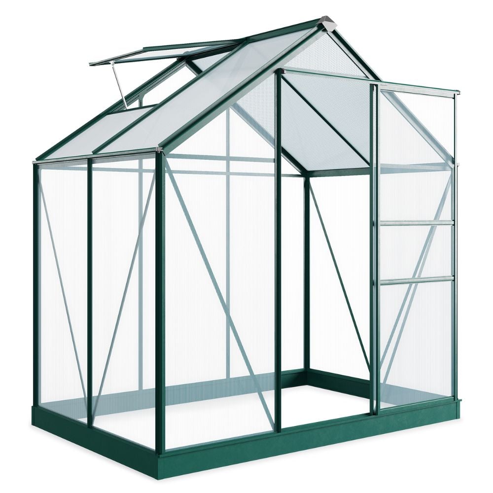 traditional glass greenhouse in green with sliding door on glass panel 6x4