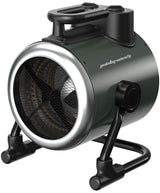 Portable fan greenhouse heater with a black and silver design on a white background