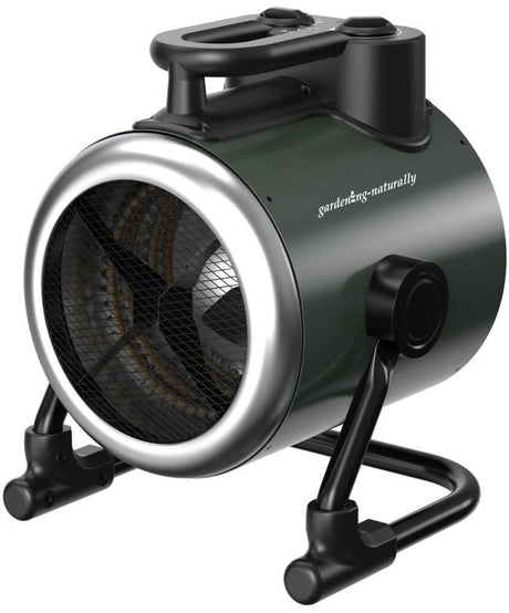 Portable fan greenhouse heater with a black and silver design on a white background