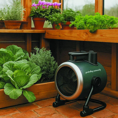 greenhouse heater with plants and a wooden shelf in the background