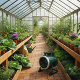Greenhouse with plants and heater