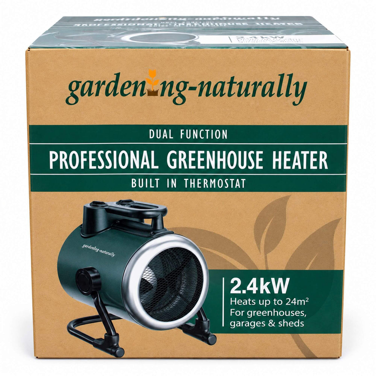 Gardening Naturally green greenhouse heater in a box.
