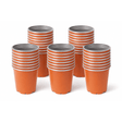 Stacks of orange cups with gray bases on a white background
