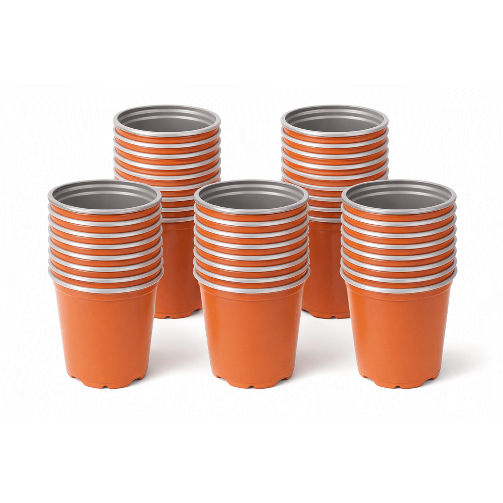 Stacks of orange cups with gray bases on a white background