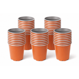 Stacks of orange cups with gray bases on a white background