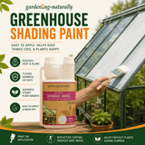 Greenhouse shading paint with a person applying it to a greenhouse, surrounded by plants.
