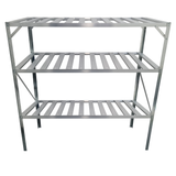 Metal slatted greenhouse staging unit with three shelves on a white background