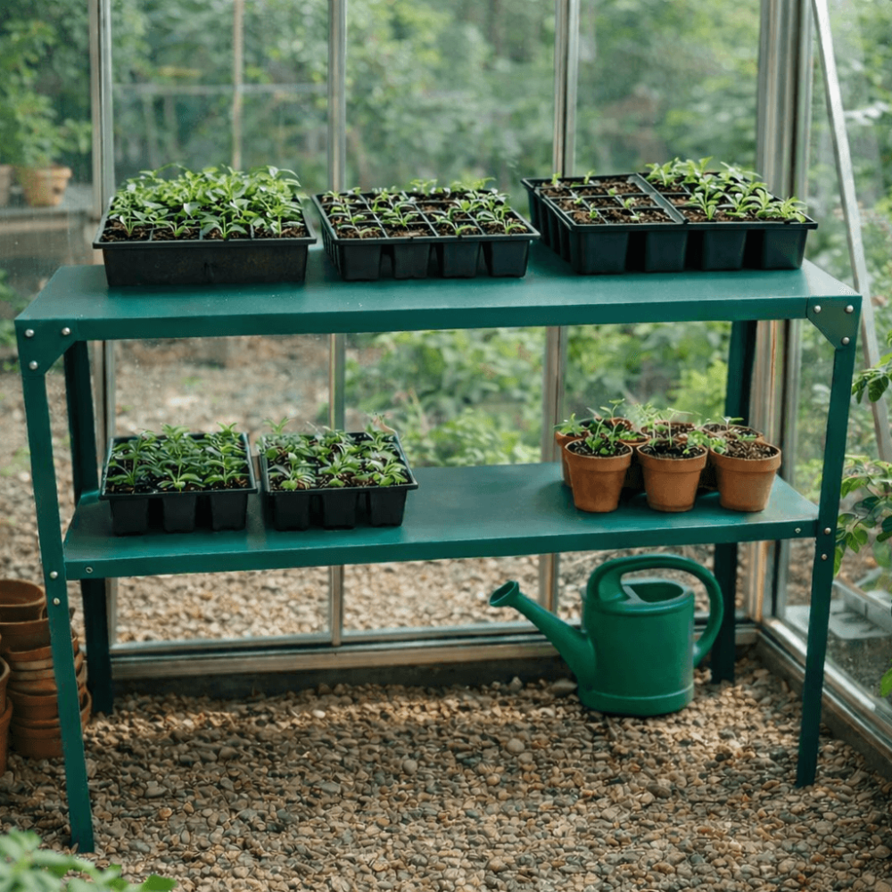 Green metal shelf with seed trays and potted plants in a greenhouse setting