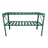 Green metal greenhouse staging shelving unit on a white background