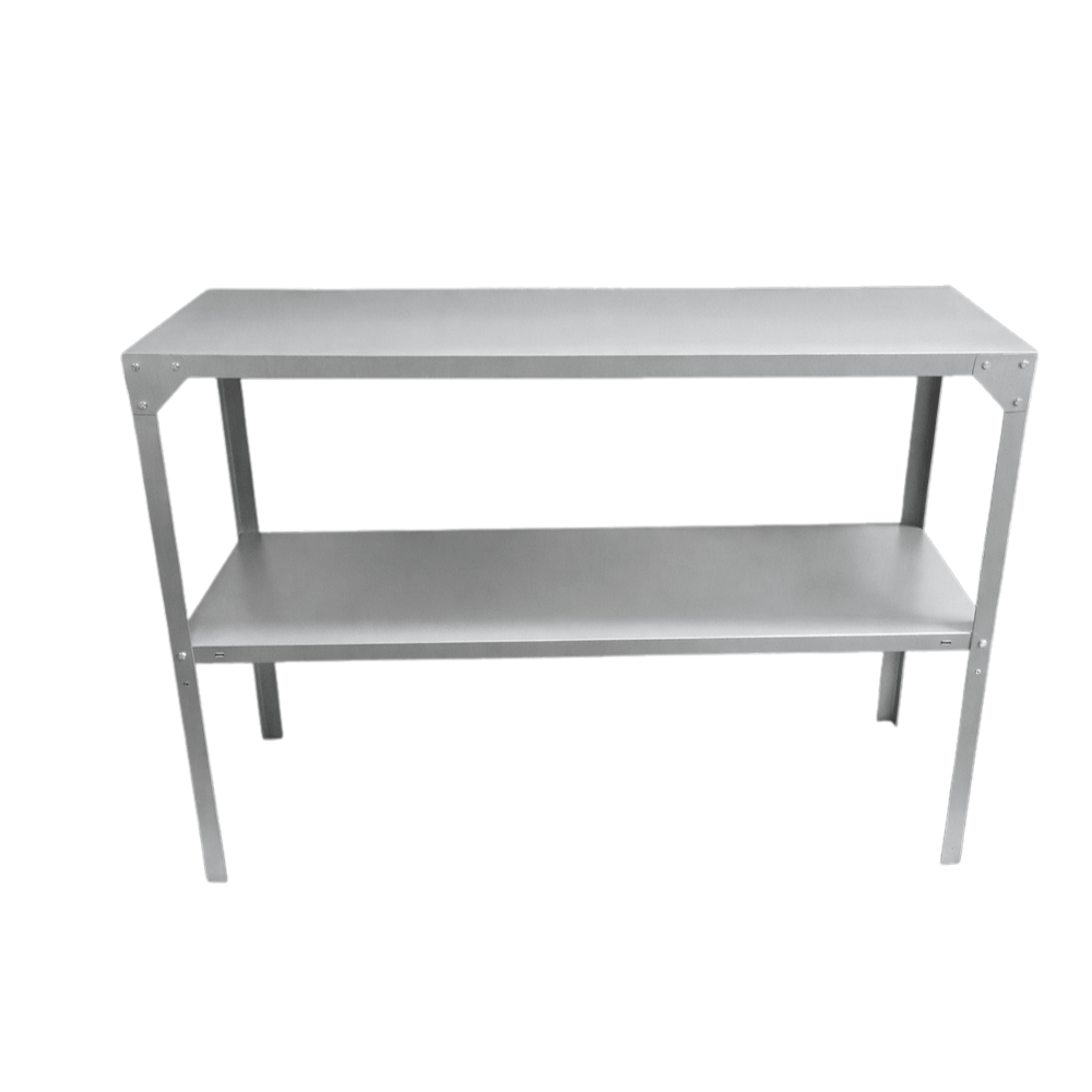 Greenhouse staging with two shelves on a white background