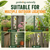 Garden thermometer suitable for multiple outdoor locations with images of plants, greenhouse, shed, and fence.