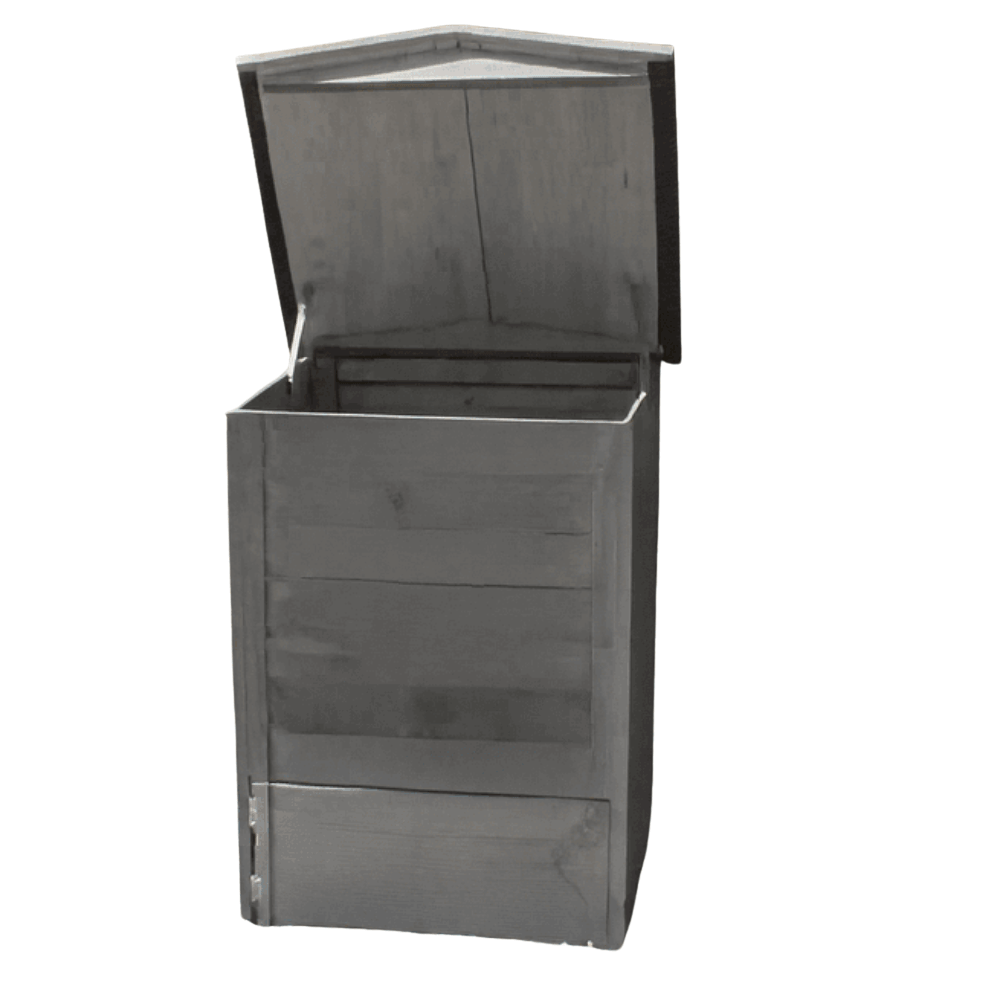 Metal trash can with open lid on a white background