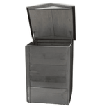 Metal trash can with open lid on a white background
