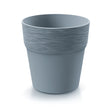 A 12cm diameter flowerpot with a ridged grey surface