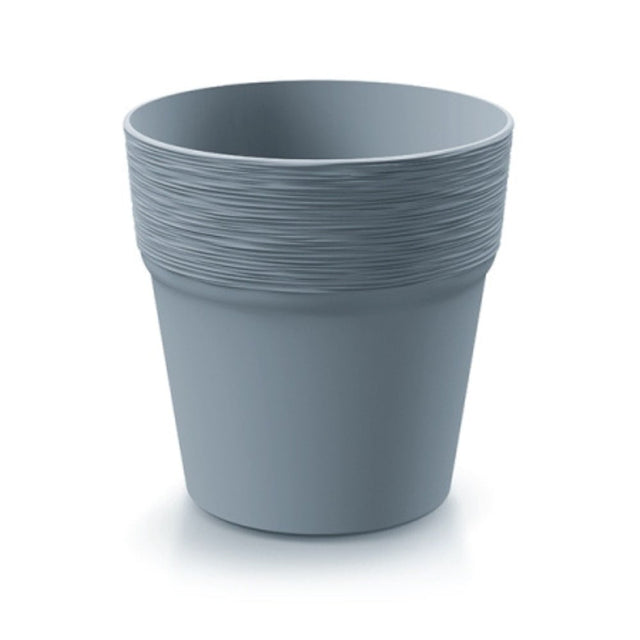 A 12cm diameter flowerpot with a ridged grey surface