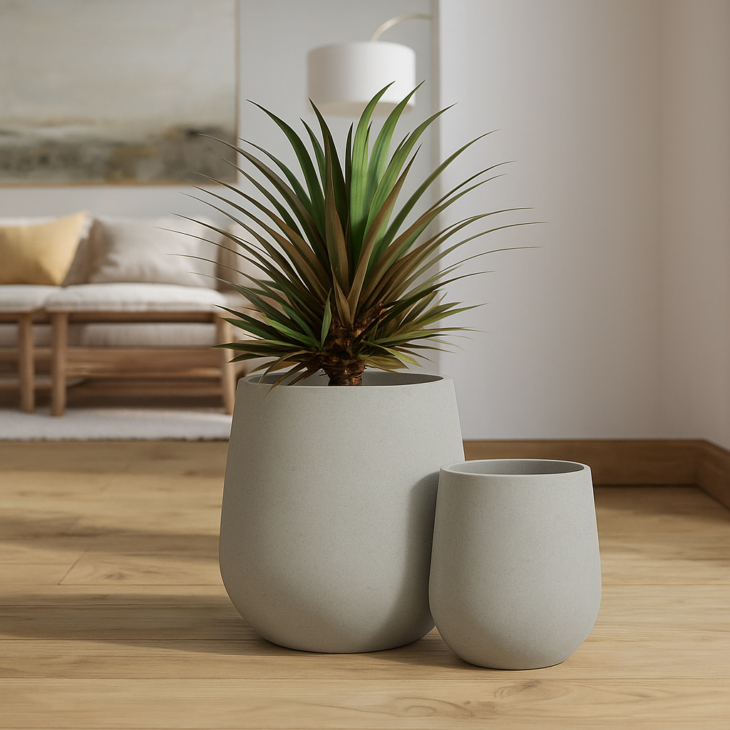 Two grey plant pots with a plant on a wooden floor in a living room setting.