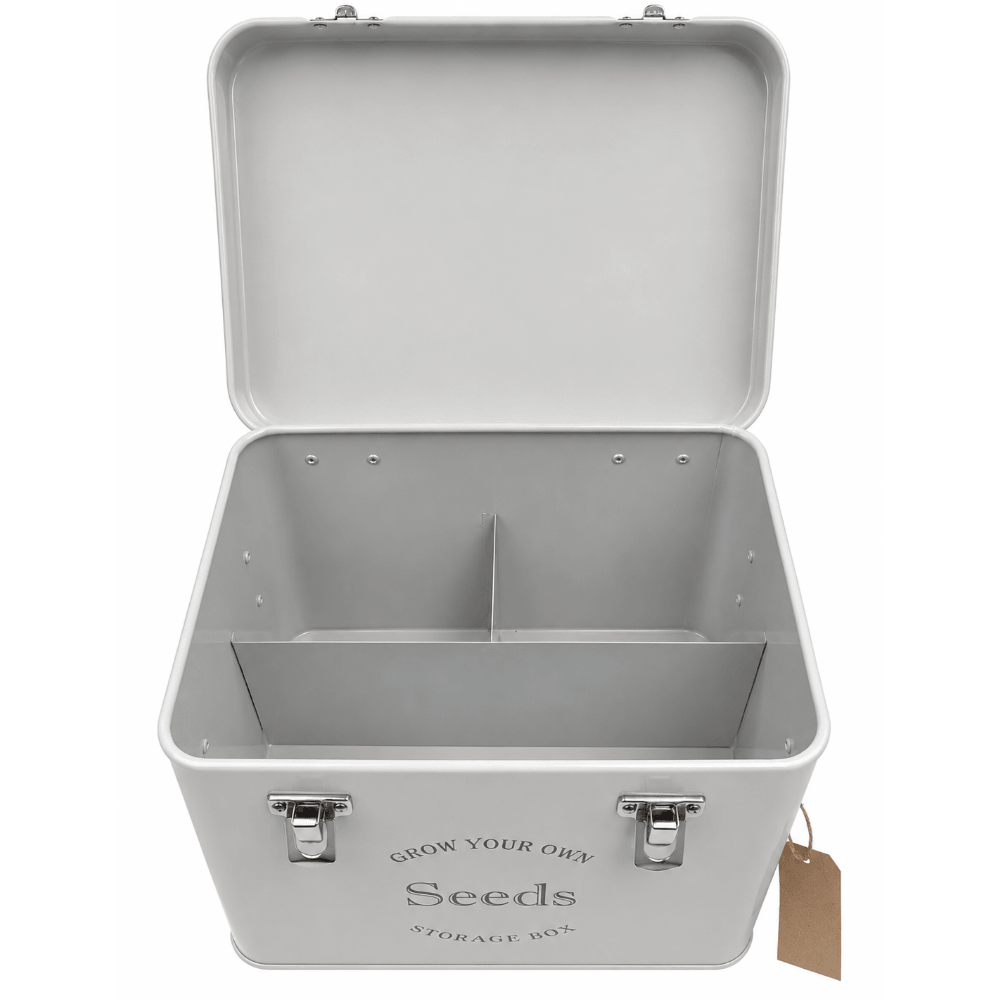 Grey storage box with 'Grow Your Own Seeds' text on a white background