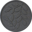 A round grey stepping stone with a leaf pattern design.