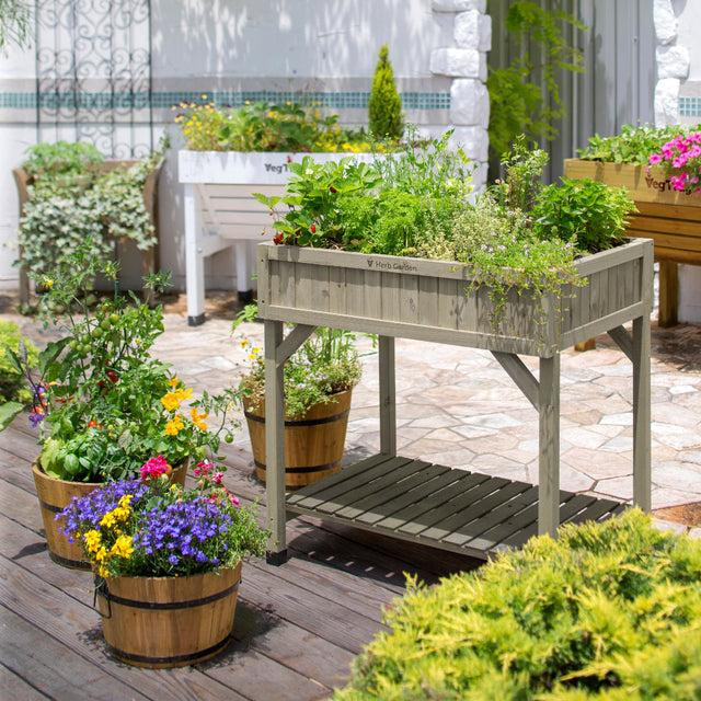 grey wash herb garden with flowers