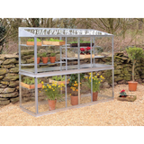 A small aluminum-framed greenhouse with transparent glass panels and multiple shelves, containing potted plants and labeled as 'Mini Greenhouse Growhouses'.
