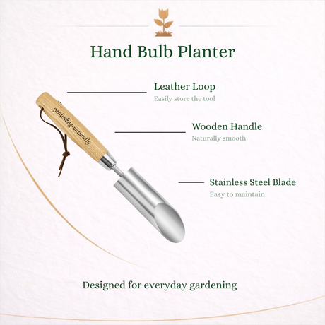 Hand bulb planter with leather loop, wooden handle, and stainless steel blade on a white background.