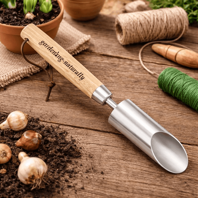 Hand bulb planter tool with wooden handle and stainless steel scoop on a potting table for planting flower bulbs in soil