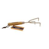 Hand cultivator with wooden handle and metal tines on a white background