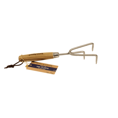Hand cultivator with wooden handle and metal tines on a white background