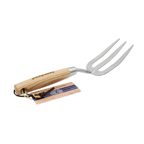 garden hand fork with wooden handle and tag