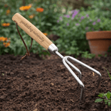Hand soil cultivator with wooden handle and stainless steel tines loosening garden soil in a flower bed for weeding and soil aeration