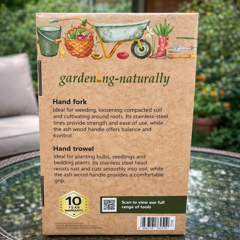 Gardening Naturally hand trowel and fork gift set packaging with tool information