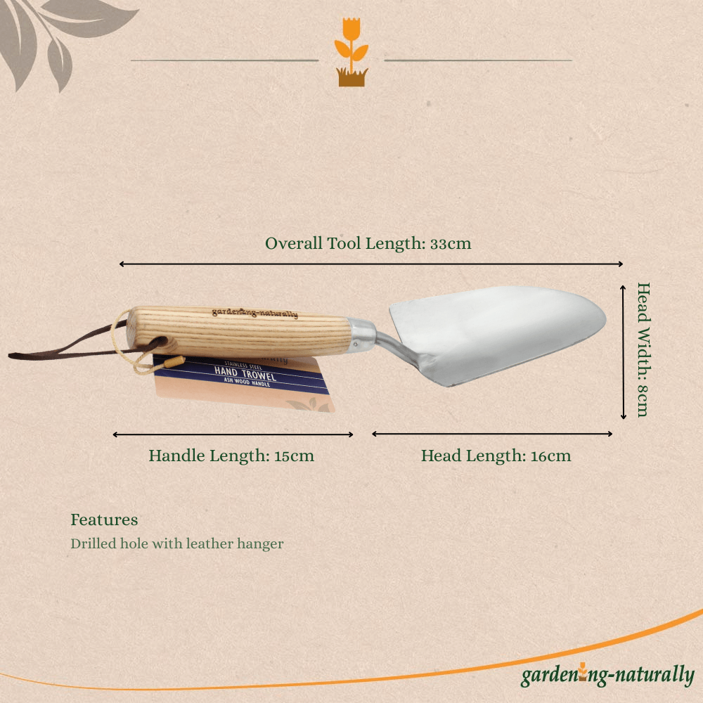 Gardening trowel with measurements on a beige background