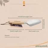 Gardening trowel with measurements on a beige background