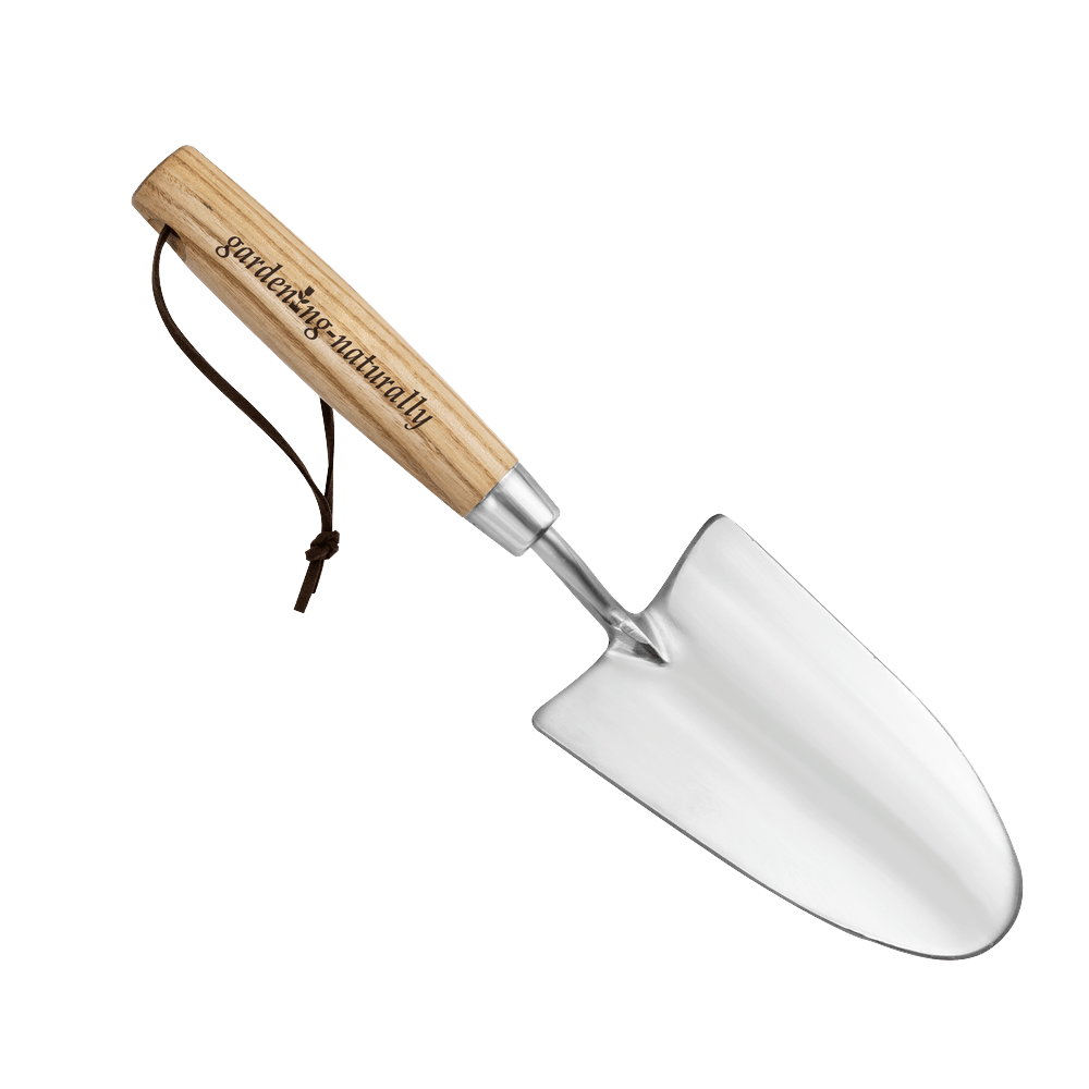 Gardening trowel with wooden handle and metal blade on a white background