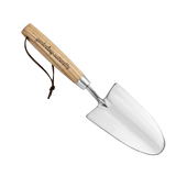 Gardening trowel with wooden handle and metal blade on a white background