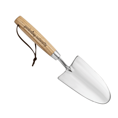 Gardening trowel with wooden handle and metal blade on a white background