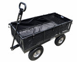 handy pull along garden trolley with a mesh bed and handle on a white background