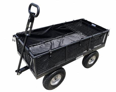 handy pull along garden trolley with a mesh bed and handle on a white background
