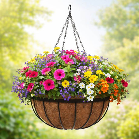 Hanging flower basket with colorful flowers against a blurred green background