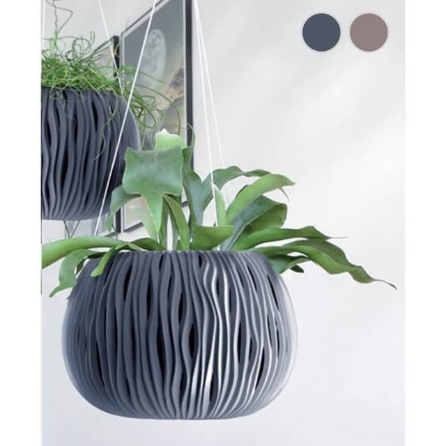 A hanging indoor plant pot with a gray, round, grooved plastic bowl, displaying a green plant. The image also shows color options for the product, in gray and mocca.