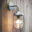 A wall-mounted garden light with a galvanised steel cage and a lit bulb, attached to a wooden surface.