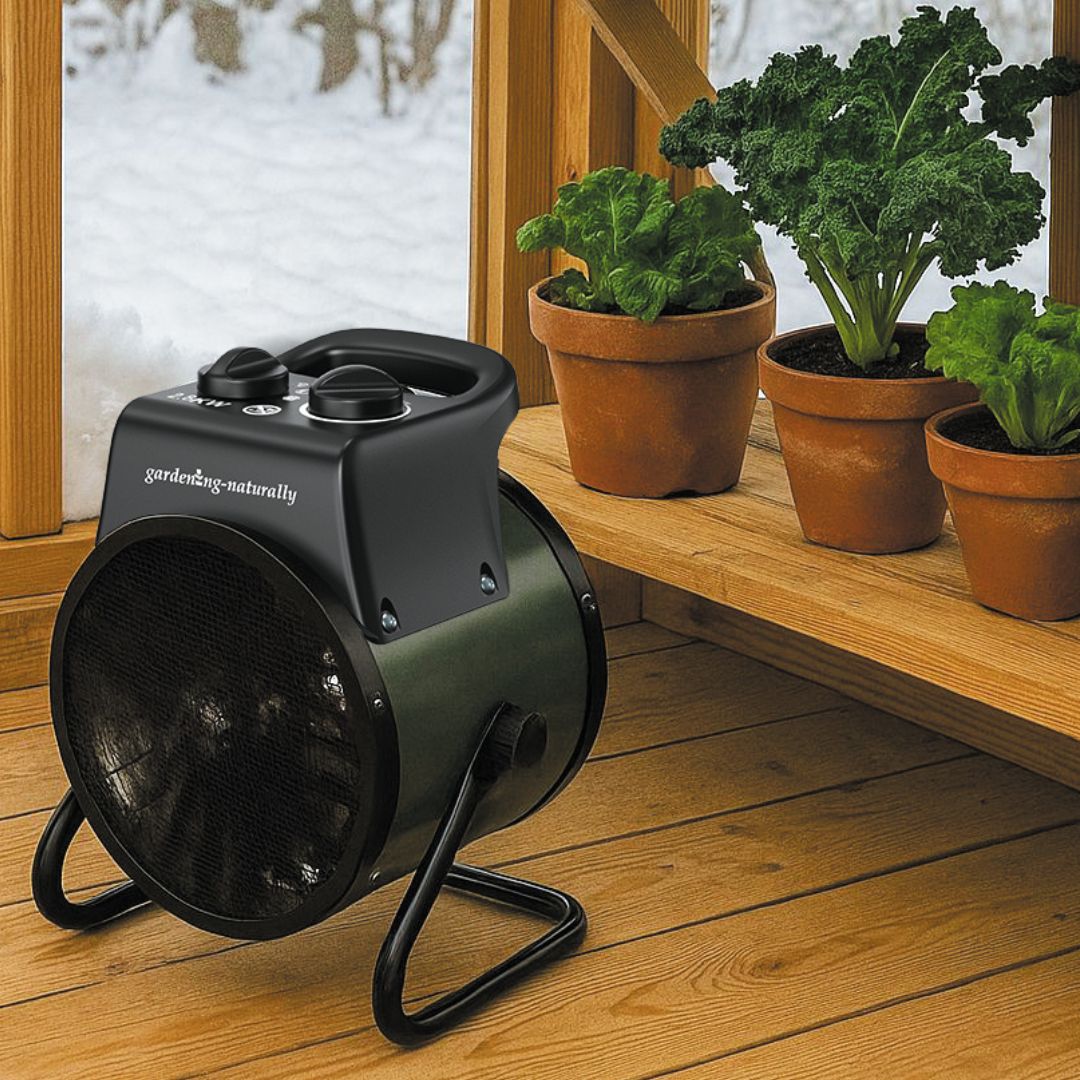 Black garden heater 
on a wooden deck with potted plants in the background