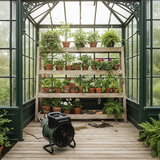 greenhouse heater in green greenhouse with shelves