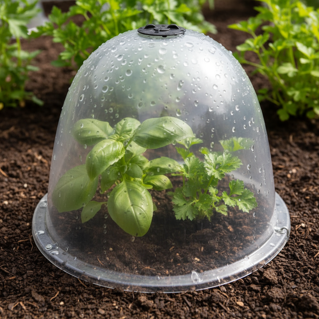 cloches in garden with herbs inside