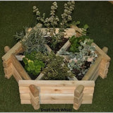 A wooden planter filled with a variety of herbs and plants, adding a touch of nature to any space.