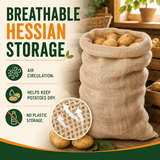 A burlap-style hessian storage sack filled with potatoes on a rustic wooden surface, with large text reading 'BREATHABLE HESSIAN STORAGE' and feature icons for air circulation, keeping potatoes dry, and no plastic storage. A circular inset shows the breathable woven texture.