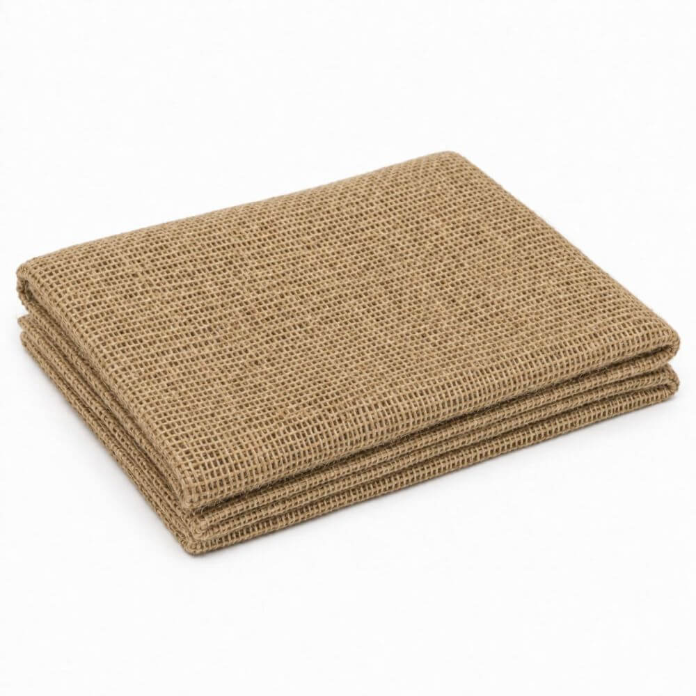 A stack of folded rectangular burlap fabric pieces with a coarse woven texture, shown on a plain white background.