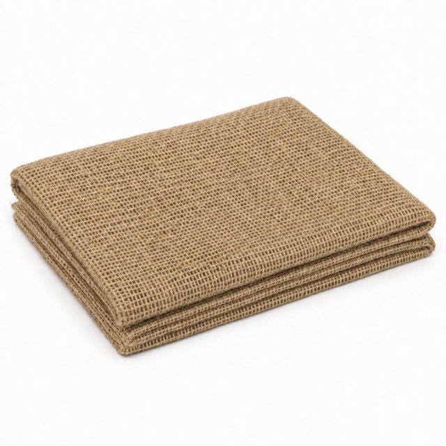 A stack of folded rectangular burlap fabric pieces with a coarse woven texture, shown on a plain white background.