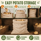 Promotional graphic for easy potato storage showing burlap storage sacks filled with potatoes on a rustic wooden shelf, with three step panels at the top and feature icons at the bottom.