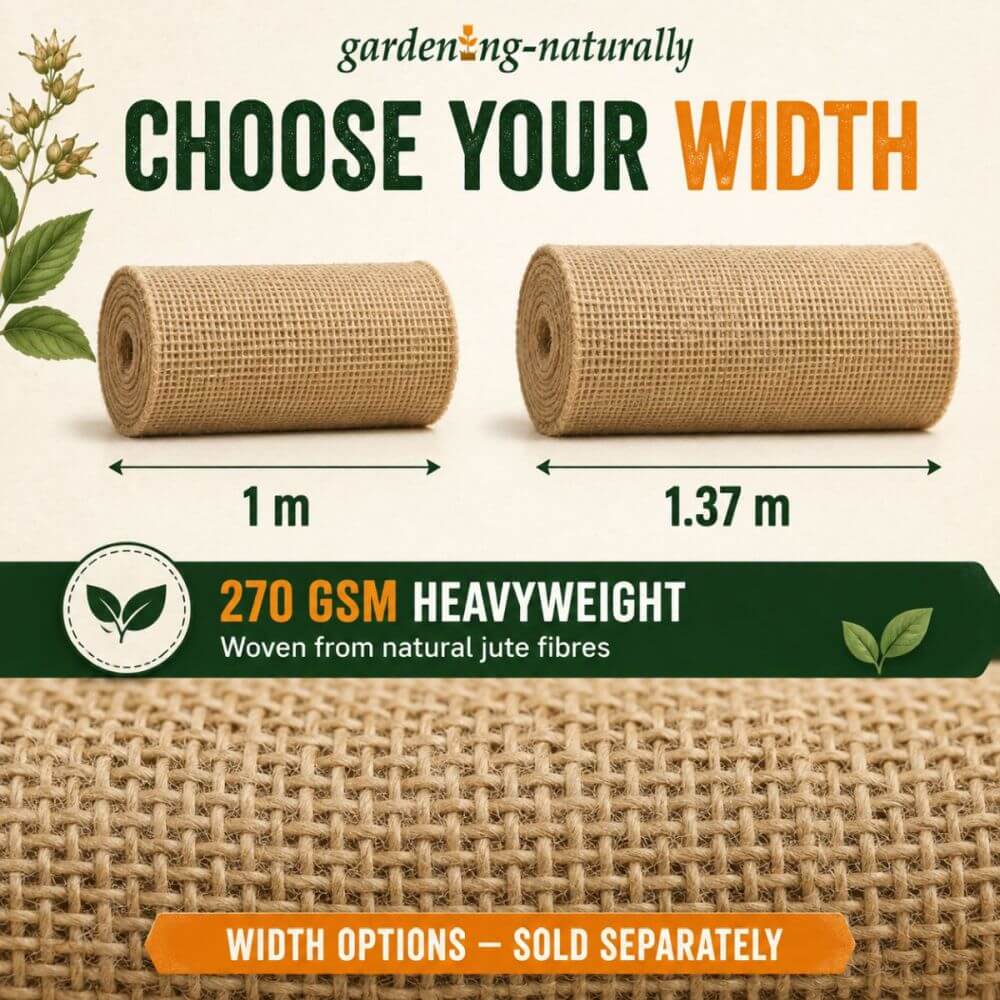 A product informational graphic for garden hessian rolls showing two width options: 1 m and 1.37 m.